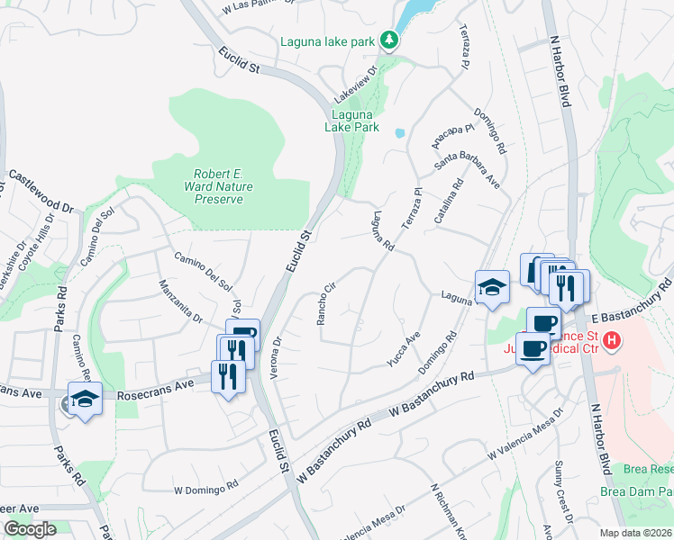 map of restaurants, bars, coffee shops, grocery stores, and more near 911 Rancho Circle in Fullerton