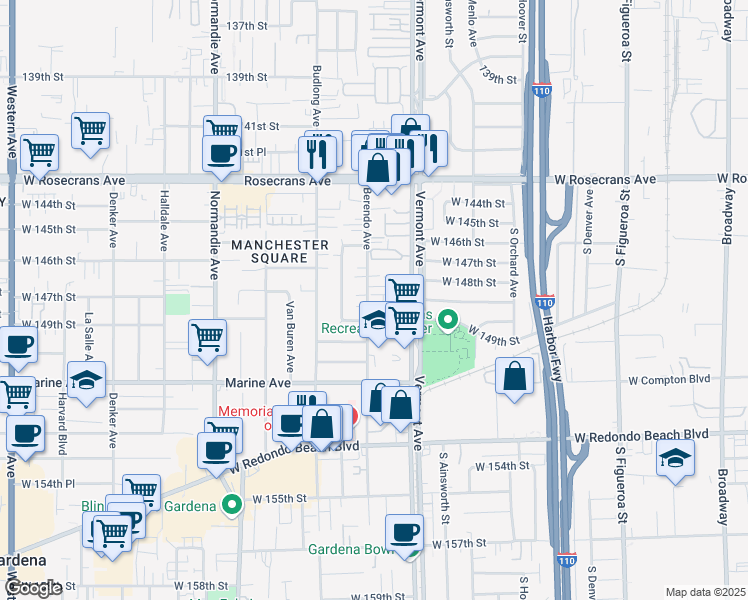 map of restaurants, bars, coffee shops, grocery stores, and more near 14813 Vermont Avenue in Gardena
