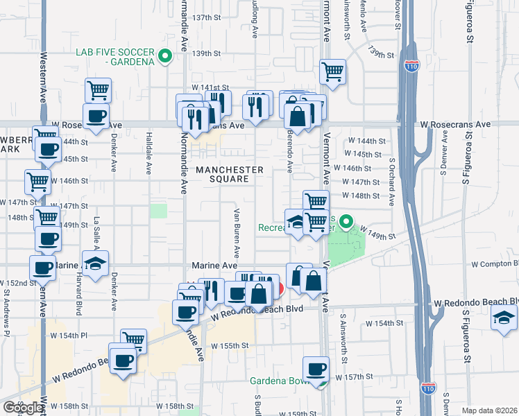 map of restaurants, bars, coffee shops, grocery stores, and more near 14822 Budlong Avenue in Gardena