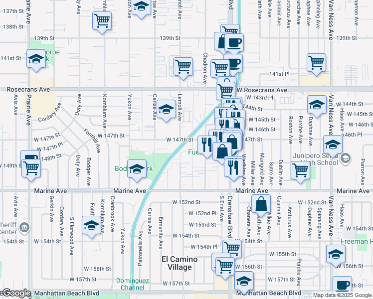 map of restaurants, bars, coffee shops, grocery stores, and more near 14818 Lemoli Avenue in Gardena