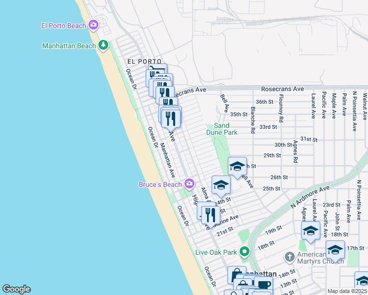 map of restaurants, bars, coffee shops, grocery stores, and more near 3016 Highland Avenue in Manhattan Beach