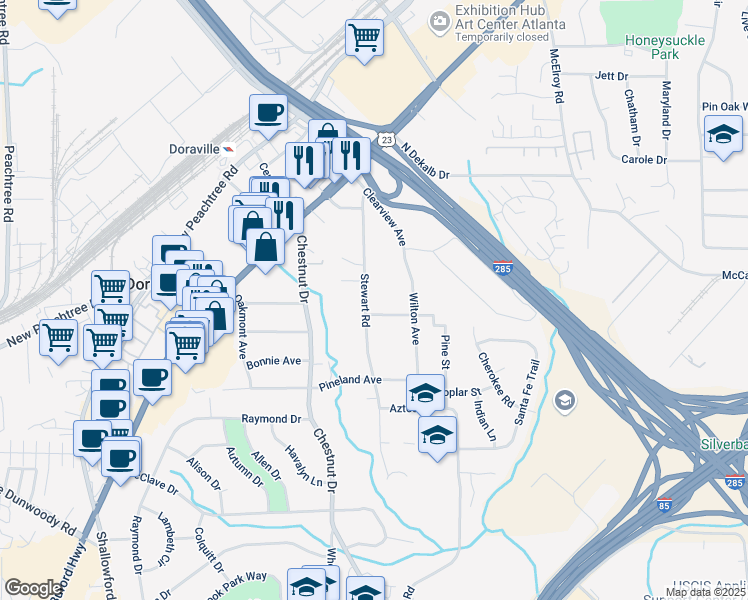 map of restaurants, bars, coffee shops, grocery stores, and more near 3629 Stewart Road in Doraville