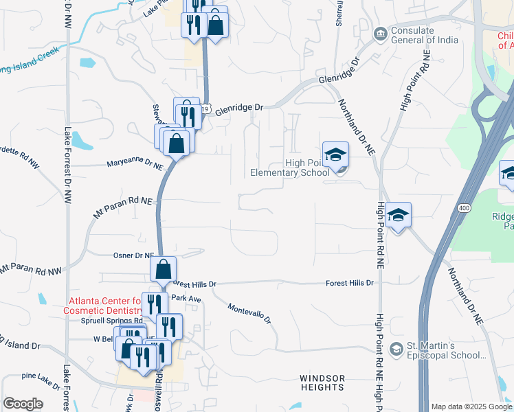 map of restaurants, bars, coffee shops, grocery stores, and more near 510 Belada Boulevard in Sandy Springs