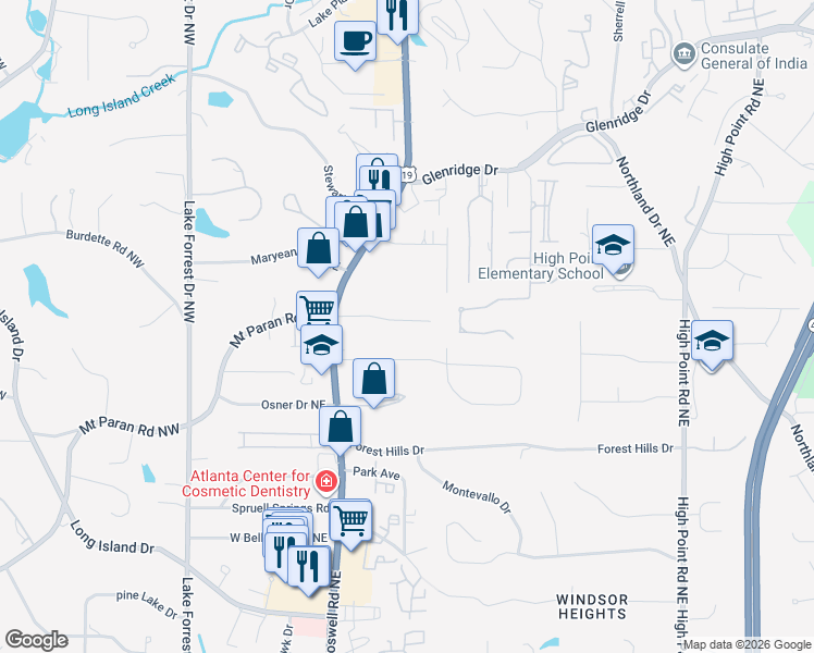 map of restaurants, bars, coffee shops, grocery stores, and more near 284 Elden Drive Northeast in Atlanta