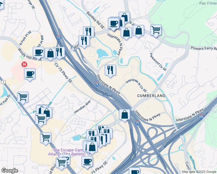 map of restaurants, bars, coffee shops, grocery stores, and more near 201 Interstate North Circle Southeast in Atlanta