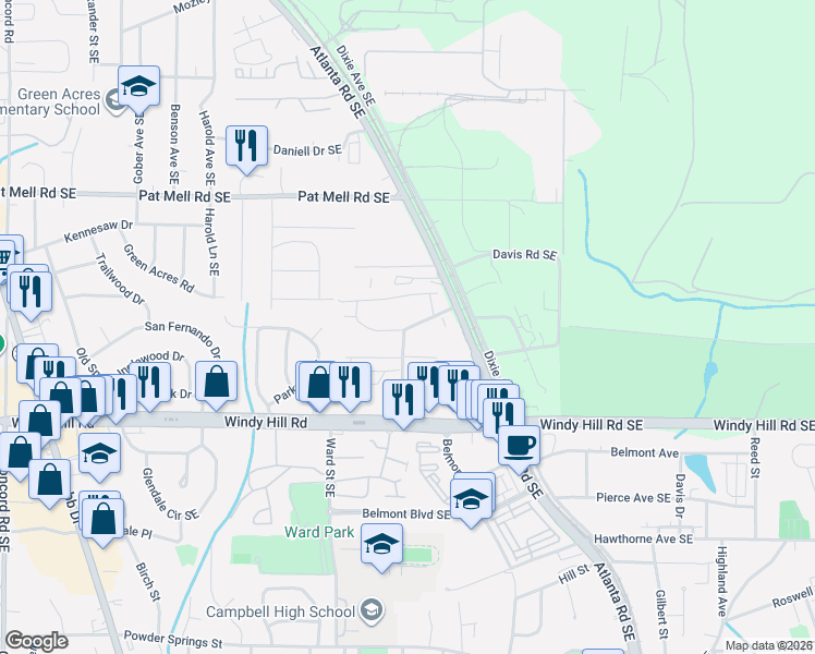 map of restaurants, bars, coffee shops, grocery stores, and more near 971 Turner Drive Southeast in Smyrna