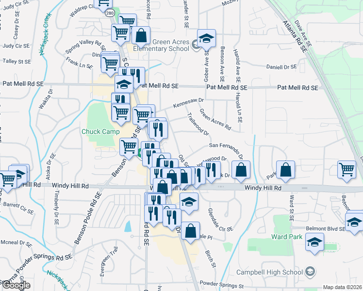 map of restaurants, bars, coffee shops, grocery stores, and more near 2301 Old Spring Road in Smyrna