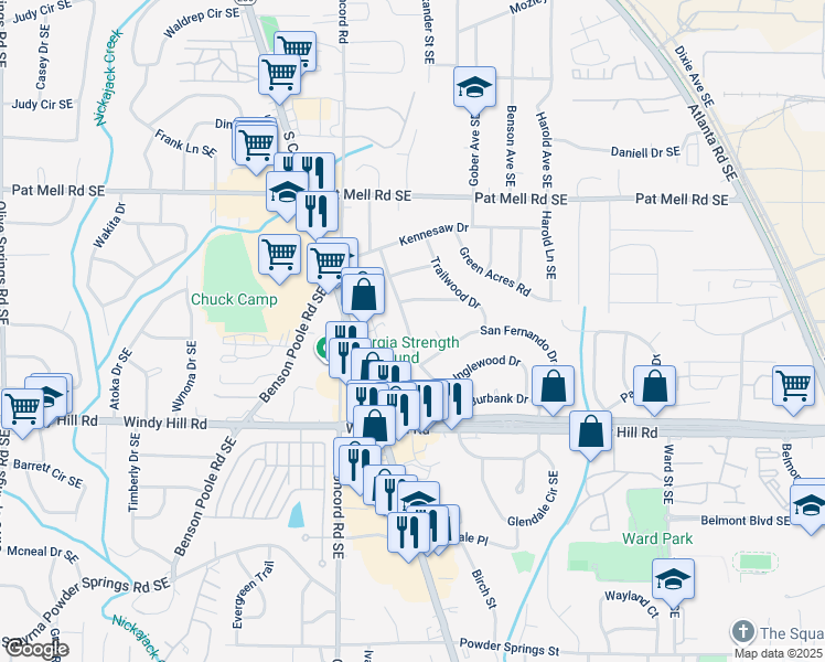 map of restaurants, bars, coffee shops, grocery stores, and more near 2301 Old Spring Road in Smyrna
