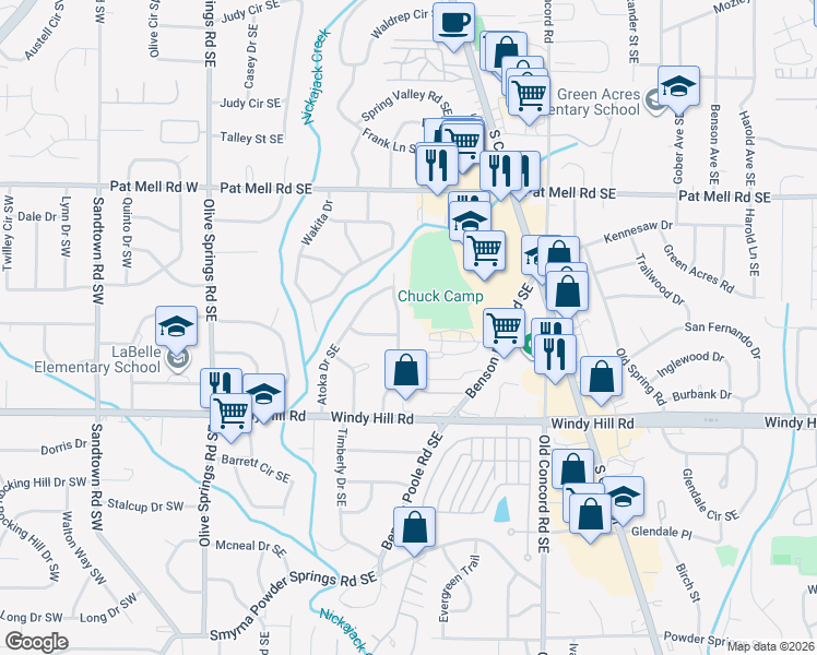 map of restaurants, bars, coffee shops, grocery stores, and more near 2273 Wynona Drive Southeast in Marietta