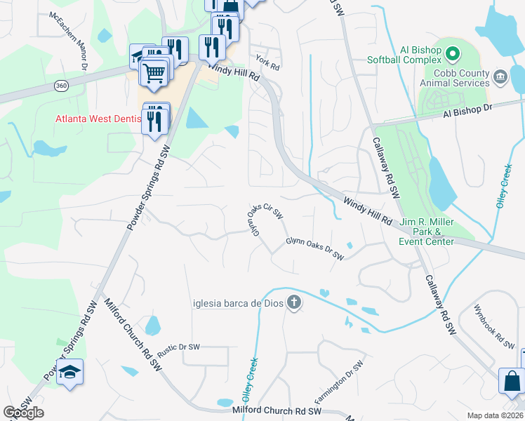map of restaurants, bars, coffee shops, grocery stores, and more near 1450 Glynn Oaks Circle Southwest in Marietta