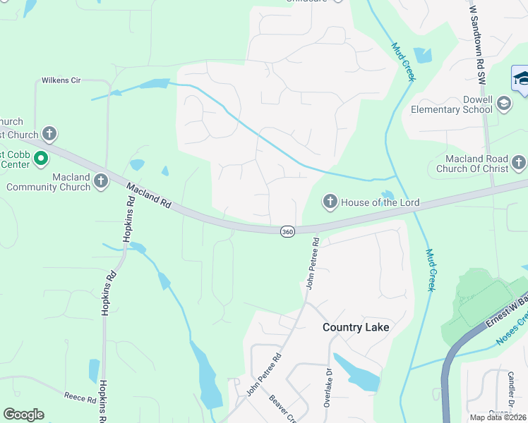 map of restaurants, bars, coffee shops, grocery stores, and more near 2351 McMurry Drive in Powder Springs