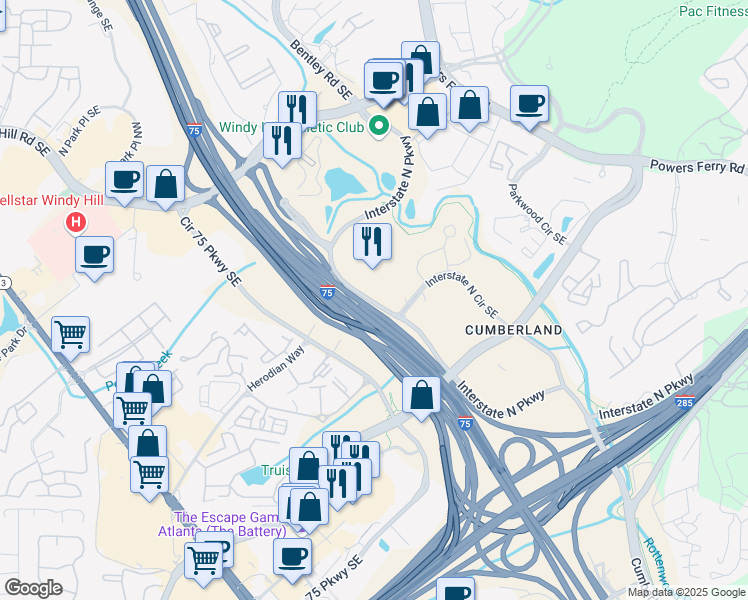 map of restaurants, bars, coffee shops, grocery stores, and more near 201 Interstate North Circle Southeast in Atlanta