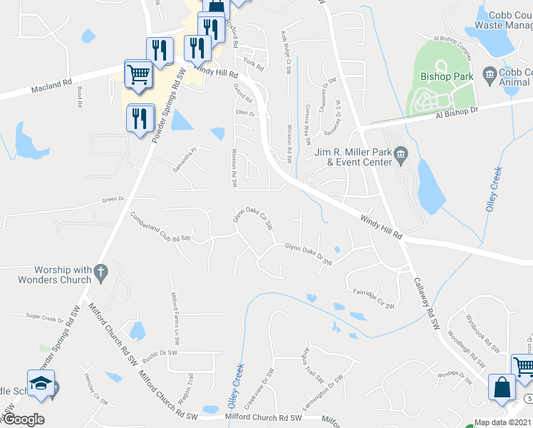 map of restaurants, bars, coffee shops, grocery stores, and more near 1459 Glynn Oaks Circle Southwest in Marietta
