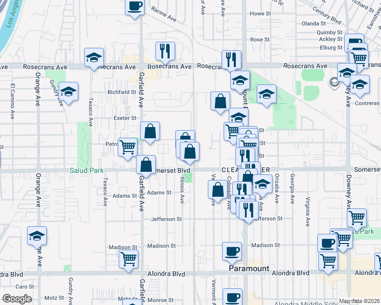 map of restaurants, bars, coffee shops, grocery stores, and more near 7900-7908 All America City Way in Paramount