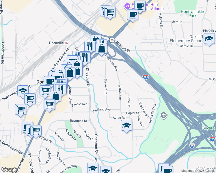 map of restaurants, bars, coffee shops, grocery stores, and more near 3606 Stewart Road in Doraville