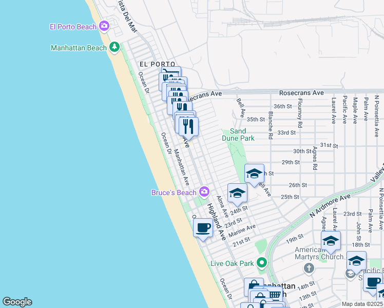 map of restaurants, bars, coffee shops, grocery stores, and more near 3112 Highland Avenue in Manhattan Beach