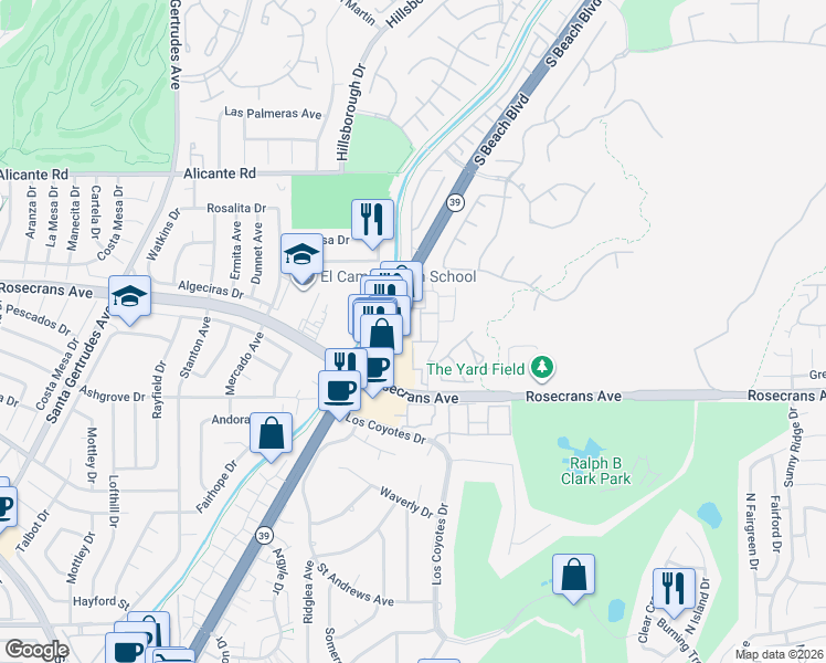 map of restaurants, bars, coffee shops, grocery stores, and more near 14754 Beach Boulevard in La Mirada