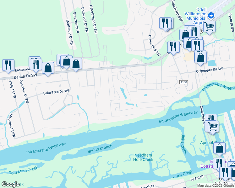 map of restaurants, bars, coffee shops, grocery stores, and more near 1611 Waterway Drive Southwest in Ocean Isle Beach