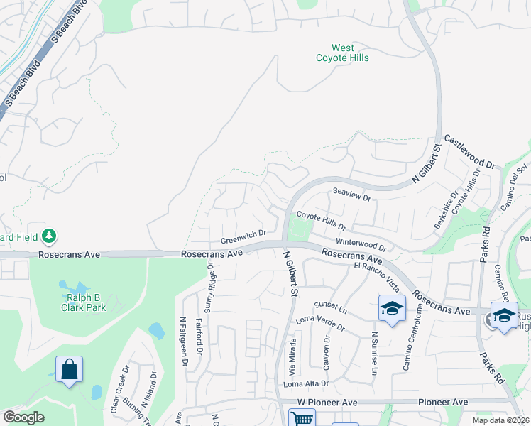 map of restaurants, bars, coffee shops, grocery stores, and more near 2123 Foxwood Place in Fullerton