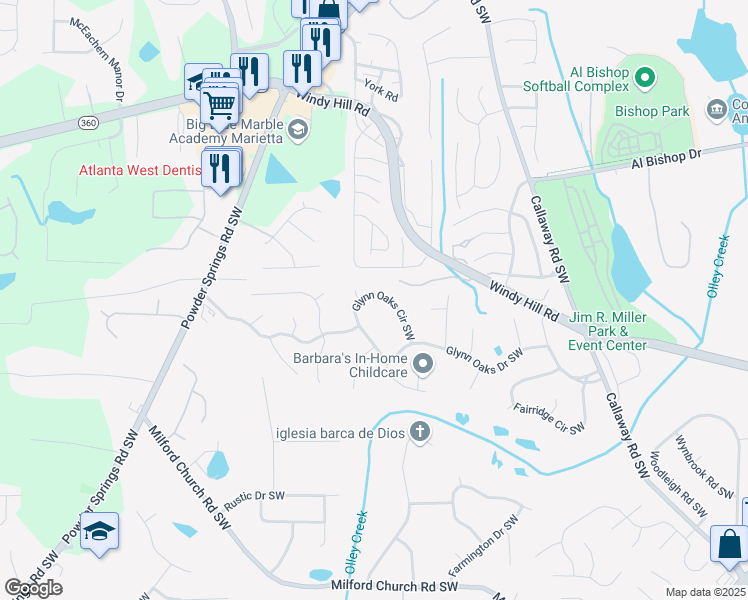 map of restaurants, bars, coffee shops, grocery stores, and more near 1450 Glynn Oaks Circle Southwest in Marietta
