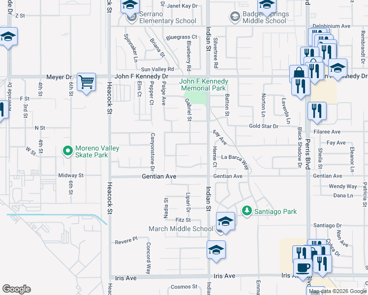map of restaurants, bars, coffee shops, grocery stores, and more near 24383 Katrina Avenue in Moreno Valley