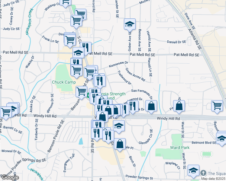map of restaurants, bars, coffee shops, grocery stores, and more near 2301 Old Spring Road in Smyrna