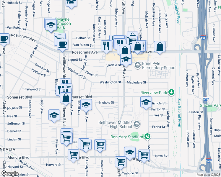 map of restaurants, bars, coffee shops, grocery stores, and more near 14733 Woodruff Place in Bellflower
