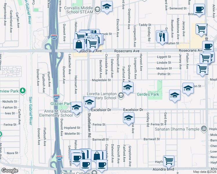 map of restaurants, bars, coffee shops, grocery stores, and more near 14709 Dalwood Avenue in Norwalk
