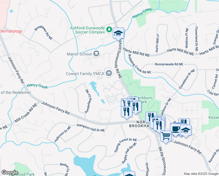 map of restaurants, bars, coffee shops, grocery stores, and more near 3733 Ashford Creek Lane Northeast in Atlanta