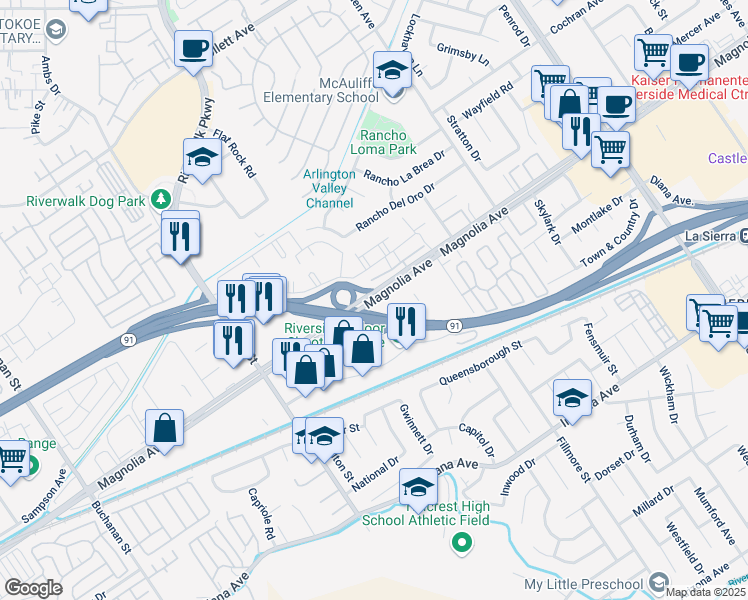 map of restaurants, bars, coffee shops, grocery stores, and more near 11560 Magnolia Avenue in Riverside