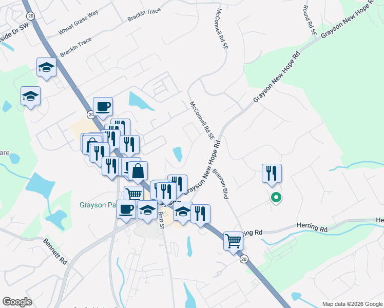map of restaurants, bars, coffee shops, grocery stores, and more near 50 Grayson New Hope Road in Grayson