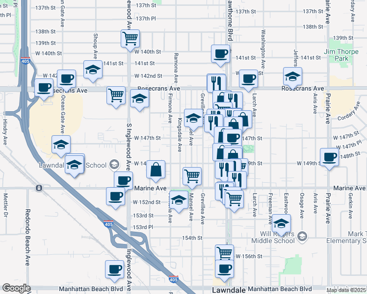 map of restaurants, bars, coffee shops, grocery stores, and more near 14720 Kingsdale Avenue in Lawndale