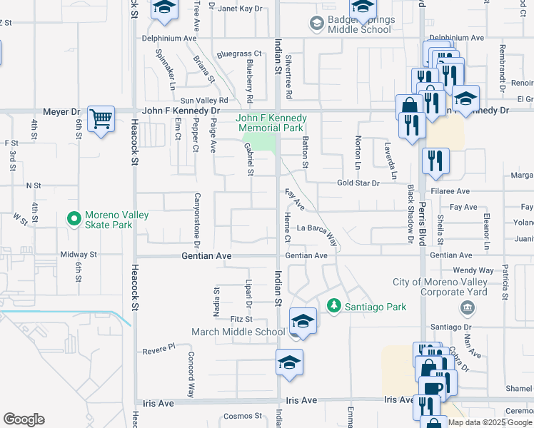 map of restaurants, bars, coffee shops, grocery stores, and more near 24475 Katrina Avenue in Moreno Valley