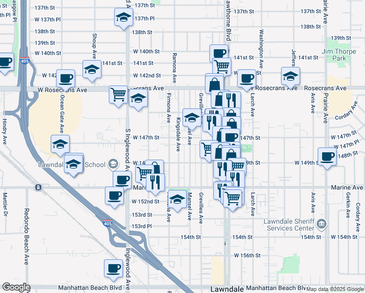map of restaurants, bars, coffee shops, grocery stores, and more near 14720 Kingsdale Avenue in Lawndale