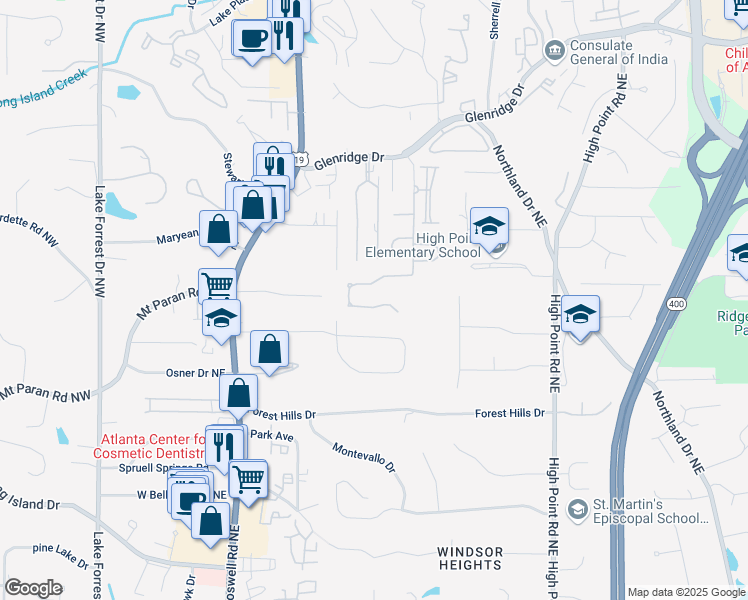 map of restaurants, bars, coffee shops, grocery stores, and more near 510 Belada Boulevard in Sandy Springs