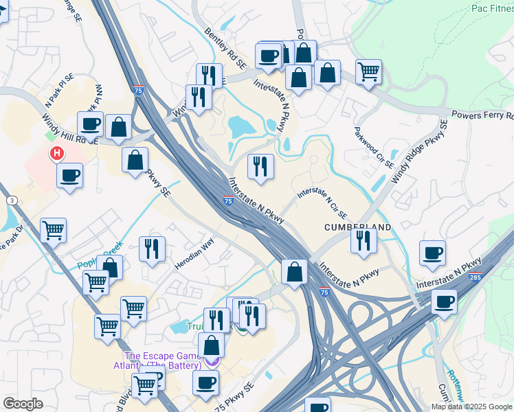 map of restaurants, bars, coffee shops, grocery stores, and more near 3100 Interstate North Parkway East Southeast in Atlanta