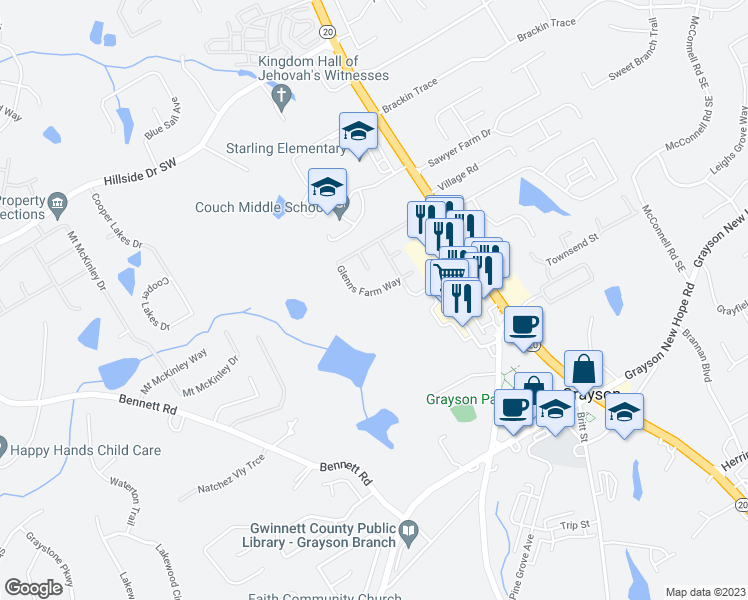 map of restaurants, bars, coffee shops, grocery stores, and more near 801 Glens Farm Way in Grayson