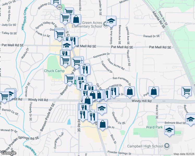 map of restaurants, bars, coffee shops, grocery stores, and more near 2301 Old Spring Road in Smyrna