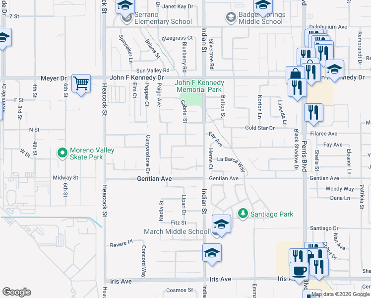 map of restaurants, bars, coffee shops, grocery stores, and more near 24411 Katrina Avenue in Moreno Valley