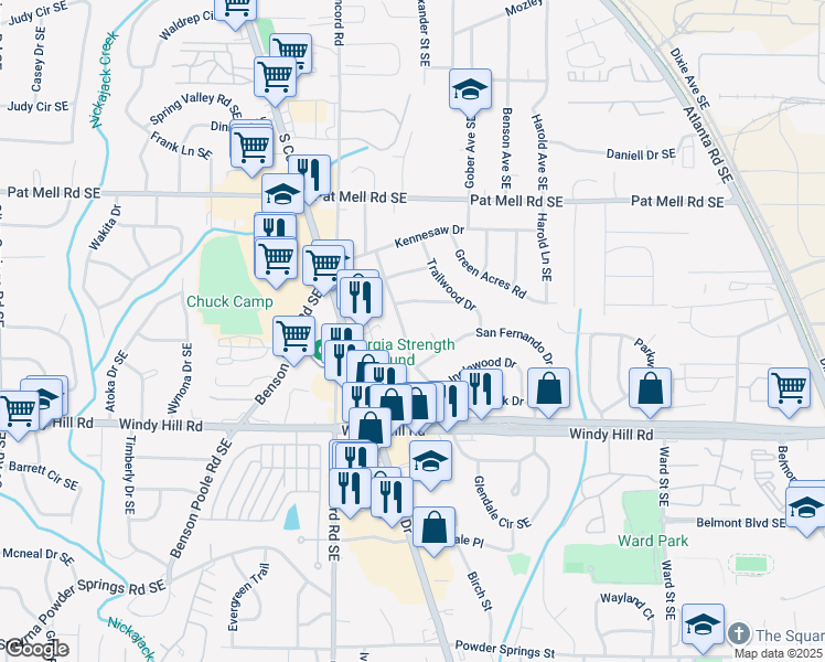 map of restaurants, bars, coffee shops, grocery stores, and more near 2301 Old Spring Road in Smyrna