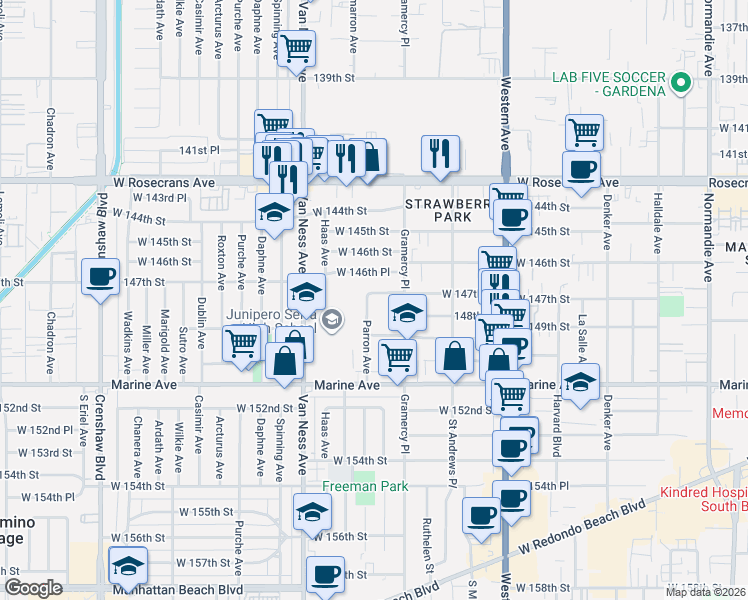 map of restaurants, bars, coffee shops, grocery stores, and more near 14710 Parron Avenue in Gardena