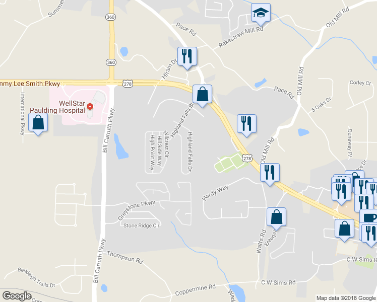 map of restaurants, bars, coffee shops, grocery stores, and more near 164 Highland Falls Drive in Hiram