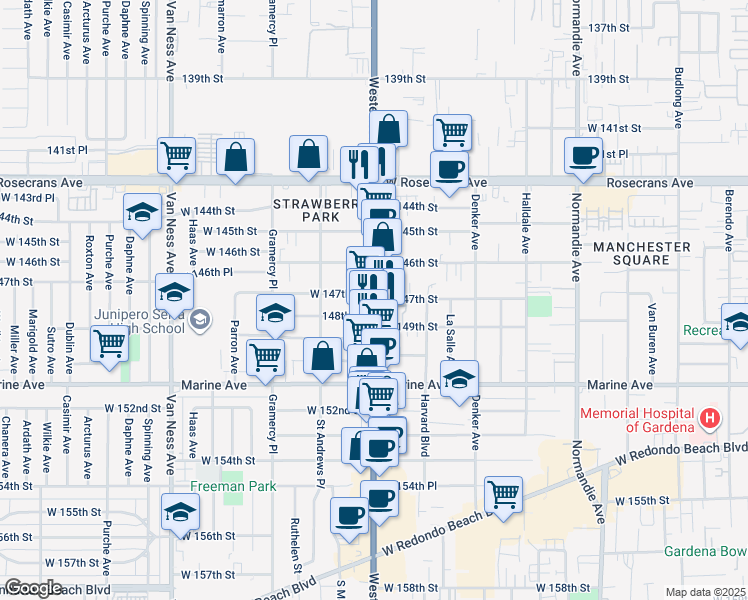 map of restaurants, bars, coffee shops, grocery stores, and more near 13999 Western Avenue in Gardena