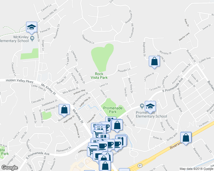 map of restaurants, bars, coffee shops, grocery stores, and more near 2420 Lenai Circle in Corona