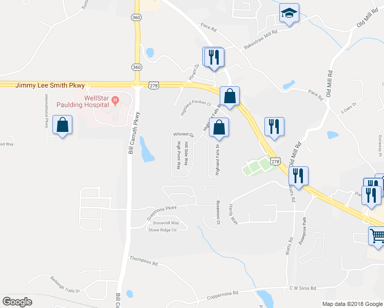 map of restaurants, bars, coffee shops, grocery stores, and more near 527 Hillcrest Circle in Hiram