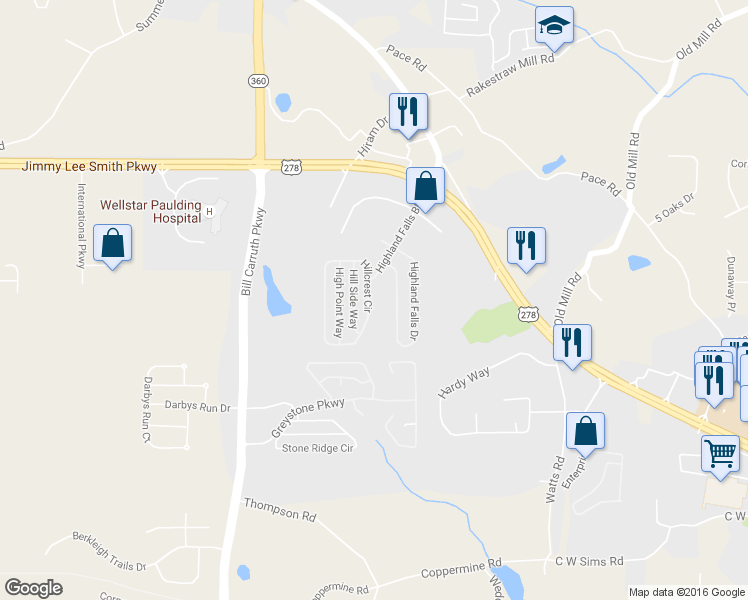 map of restaurants, bars, coffee shops, grocery stores, and more near 526 Hillcrest Circle in Hiram