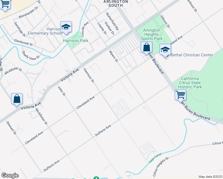 map of restaurants, bars, coffee shops, grocery stores, and more near 9830 Cleveland Avenue in Riverside