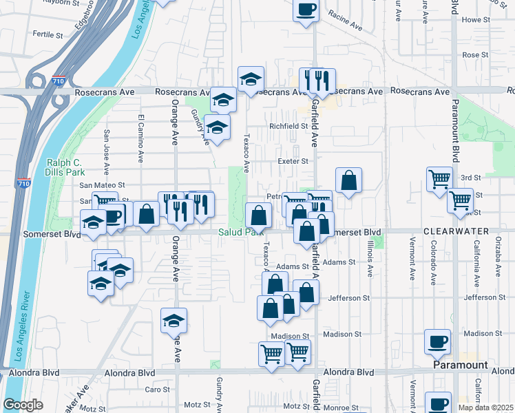 map of restaurants, bars, coffee shops, grocery stores, and more near 14926 Texaco Avenue in Paramount