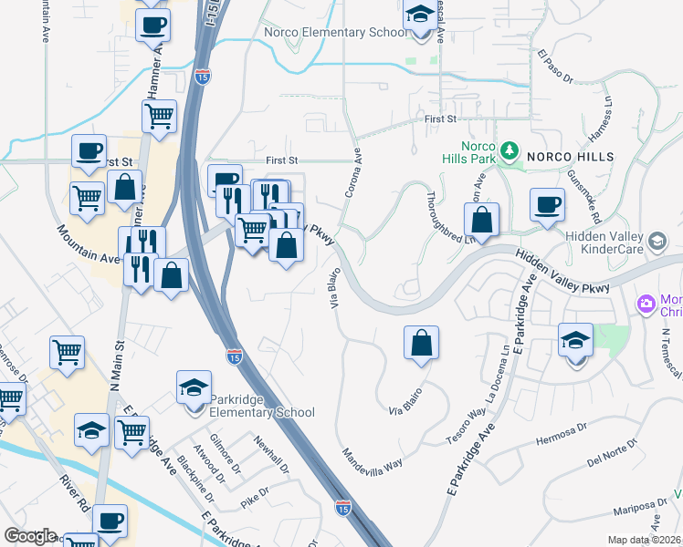 map of restaurants, bars, coffee shops, grocery stores, and more near 725 Vía Blairo in Corona