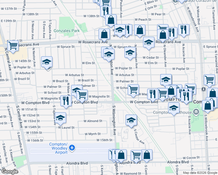 map of restaurants, bars, coffee shops, grocery stores, and more near 121 North Wilmington Avenue in Compton